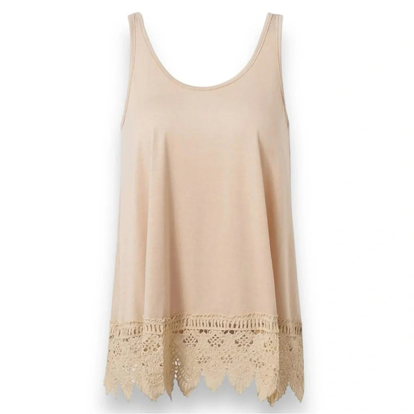 Women's Khaki Round Neck Relaxed Fit Sleeveless‎ Tunic Lace Trim Small | GUC - Picture 1 of 7